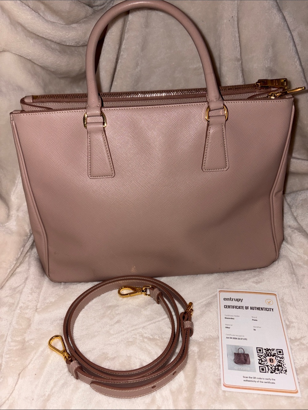 Prada Blush Pink Saffiano Double-Zip galleria with crossbody strap. COA - Picture 2 of 15